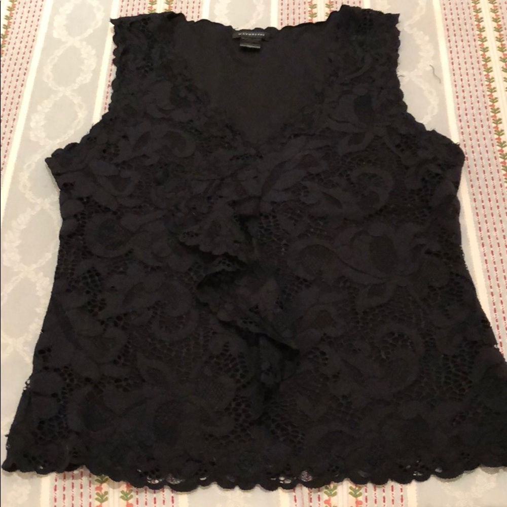 Natori Black Stretch Lace And Ruffle Top